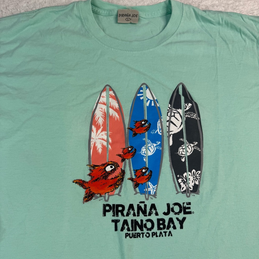 Pirana Joe Graphic Surf Shirt Men’s Size Large Taino Bay Vacation T-shirt Cotton